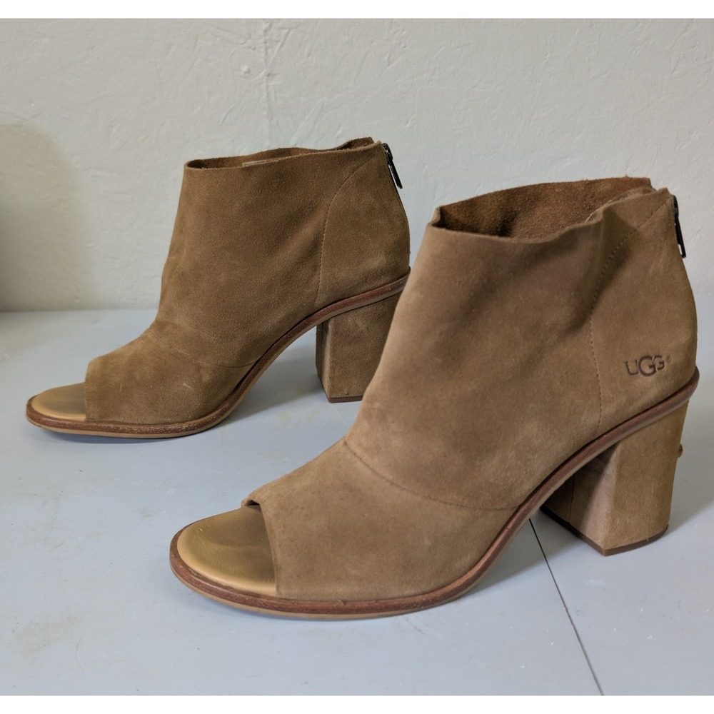 UGG Ginger Booties Open Toe Brown Suede with Suede heel Womens Size 11